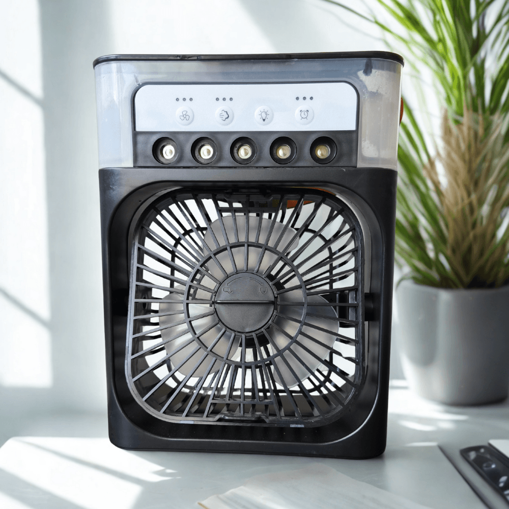Przenośny nawilżacz z wiatrakiem 3w1, mini klimatyzator USB, LED nocne światło, mgiełka wodna, klimatyzator domowy z nawilżaczem 🌬️