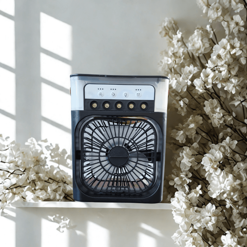 Przenośny nawilżacz z wiatrakiem 3w1, mini klimatyzator USB, LED nocne światło, mgiełka wodna, klimatyzator domowy z nawilżaczem 🌬️
