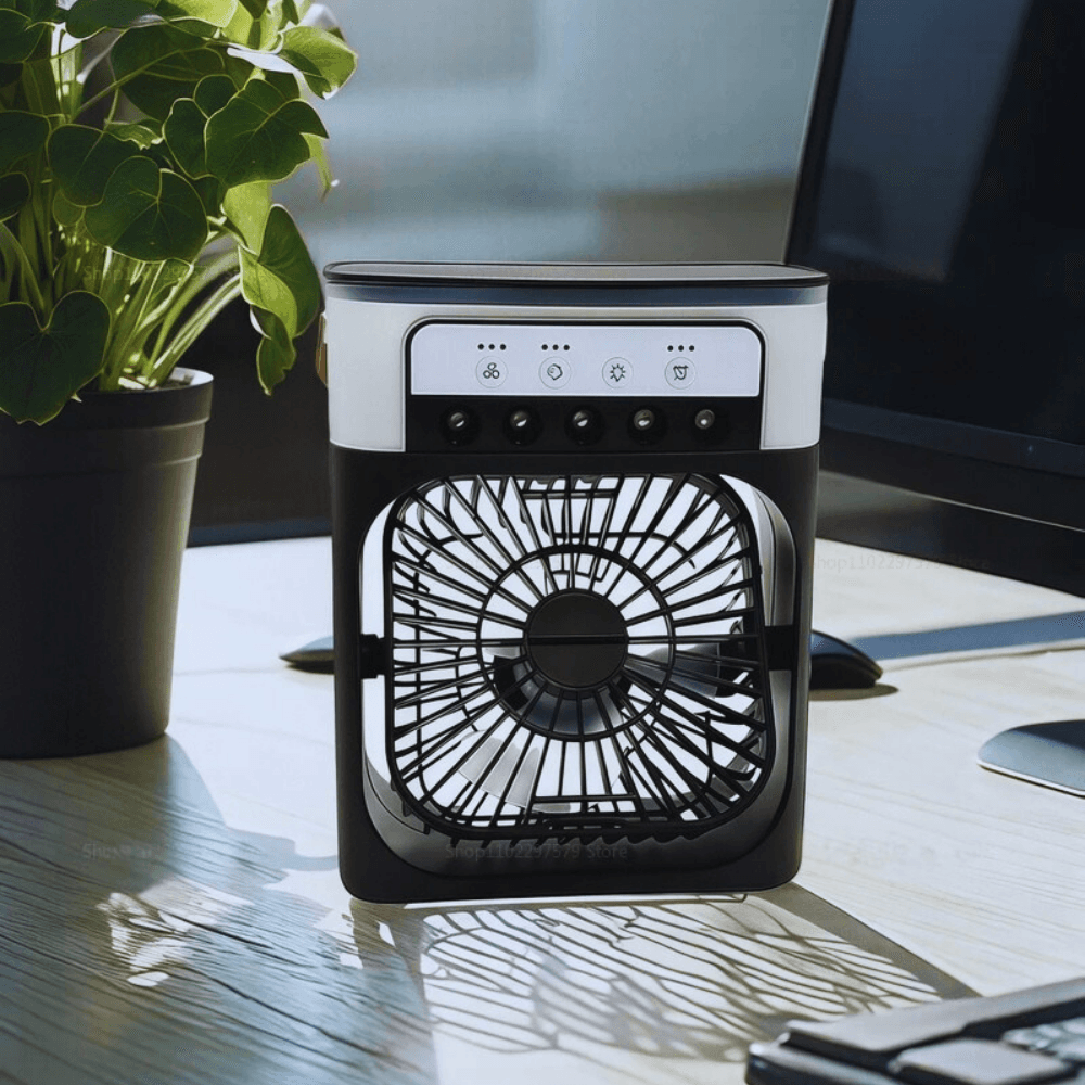 Przenośny nawilżacz z wiatrakiem 3w1, mini klimatyzator USB, LED nocne światło, mgiełka wodna, klimatyzator domowy z nawilżaczem 🌬️