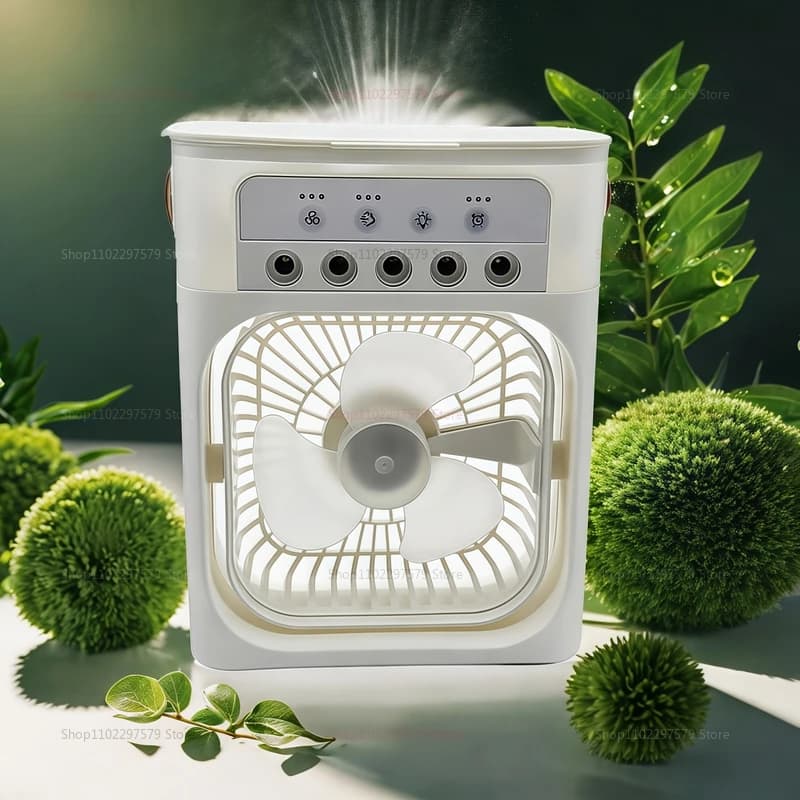 Przenośny nawilżacz z wiatrakiem 3w1, mini klimatyzator USB, LED nocne światło, mgiełka wodna, klimatyzator domowy z nawilżaczem 🌬️